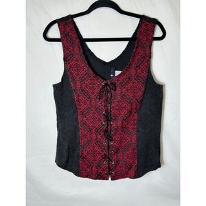 Morbid Threads Vintage Women's Plus Size 2X Red Black Tapestry Front Tie Bustier